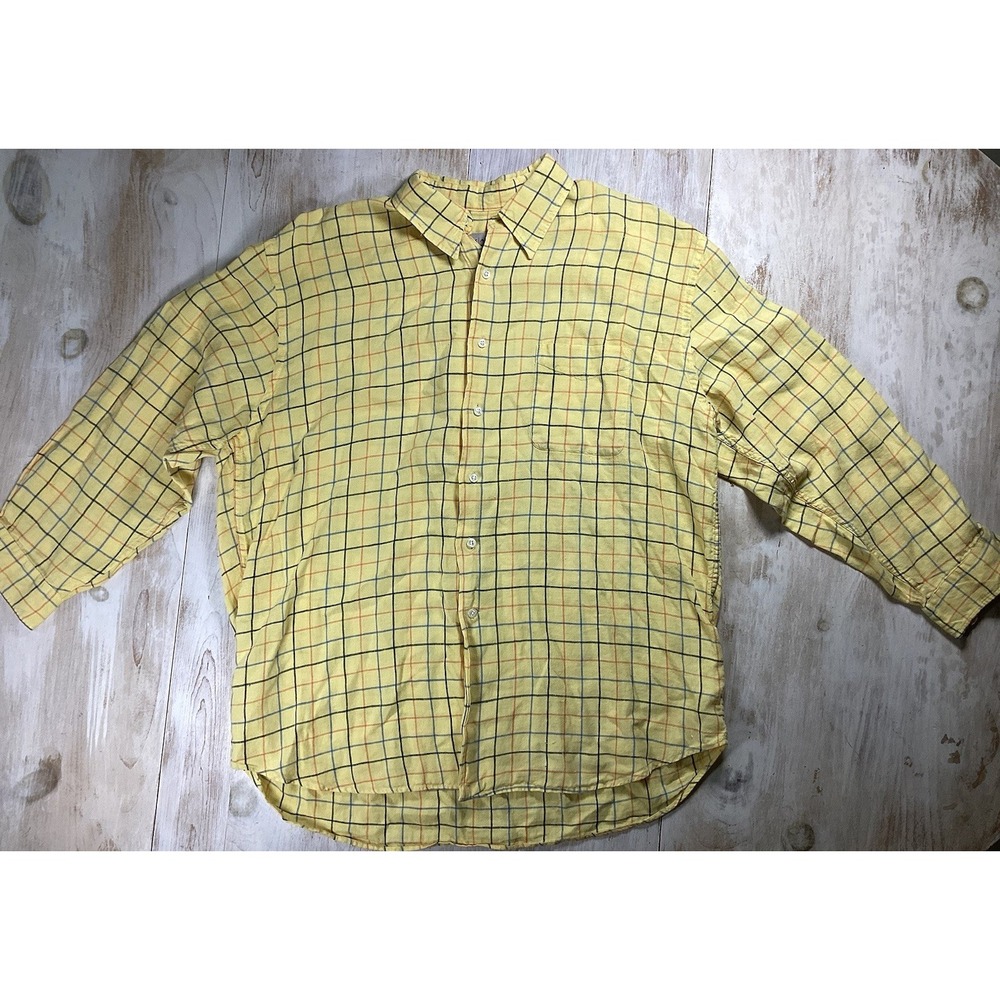 Eddie Bauer Linen Shirt Yellow With‎ Orange And Blue Plaid Men's Size XL